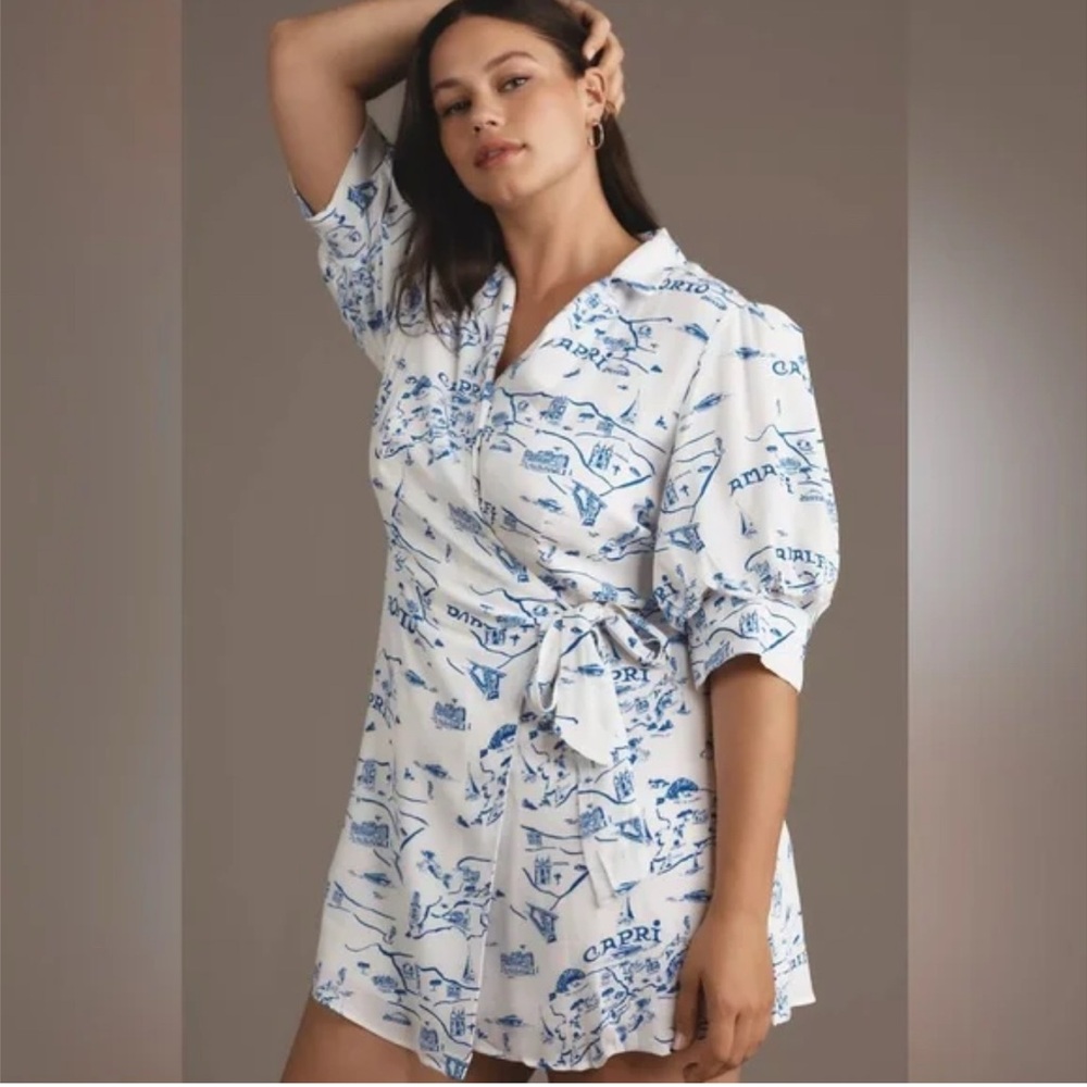 NWT L Maeve x Anthropologie Italy map Capri Amalfi collared wrap mini dress